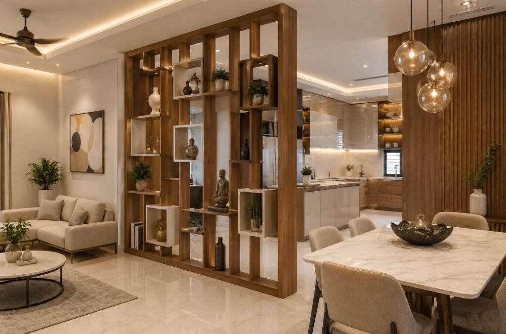 Modern box frame kitchen partition with decorative shelves