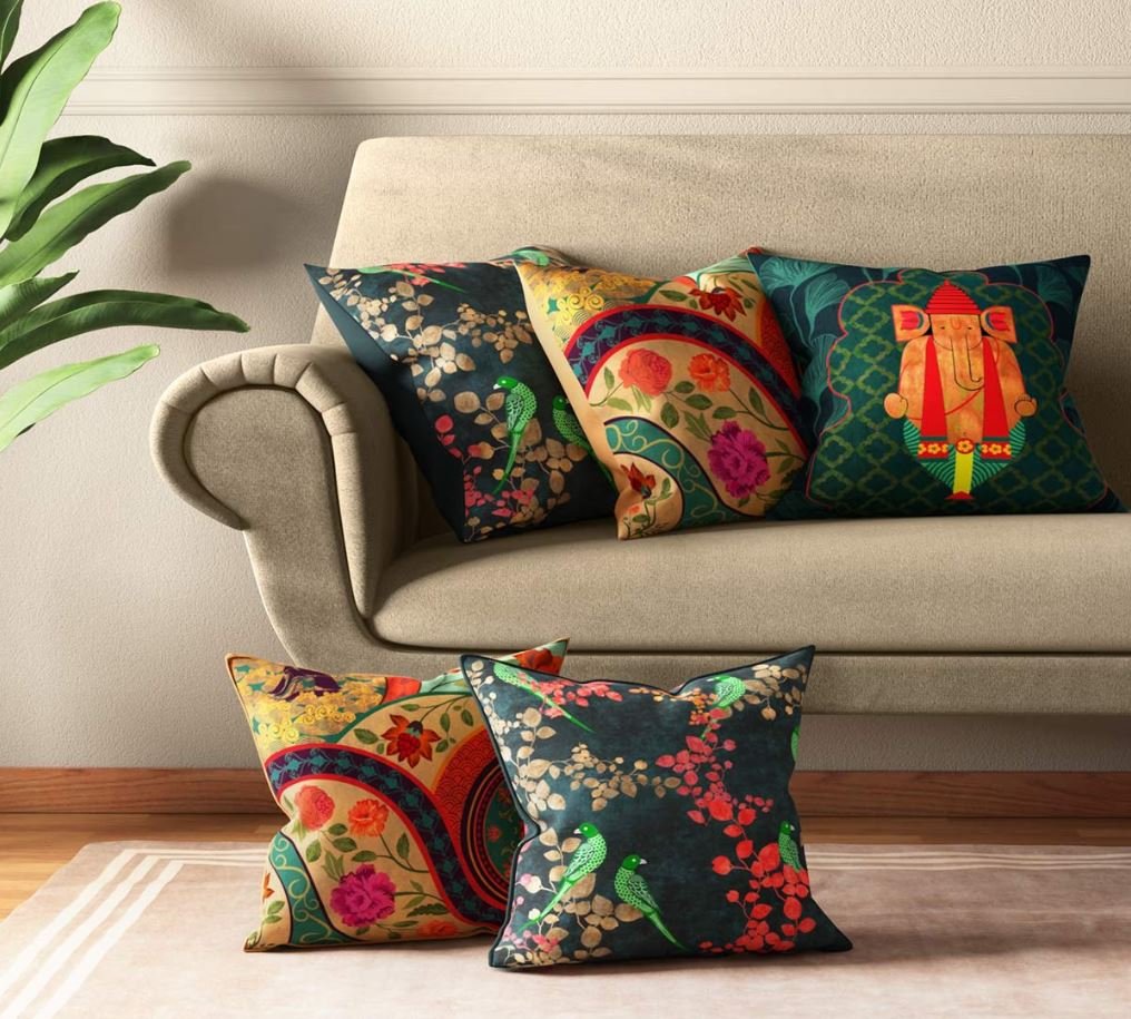 Colorful cushion covers and throws for traditional Indian home decor