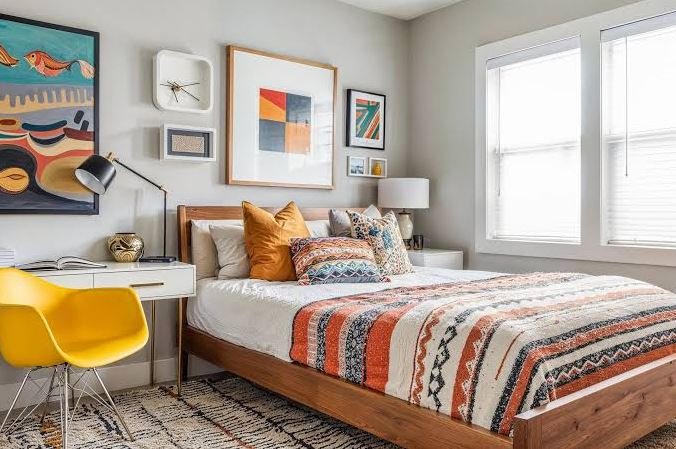 Cozy dorm bed with layered bedding and decorative pillows