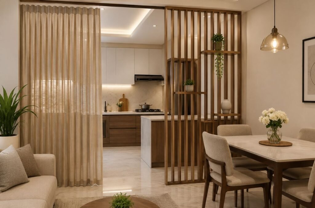 Curtain partition between kitchen and dining room