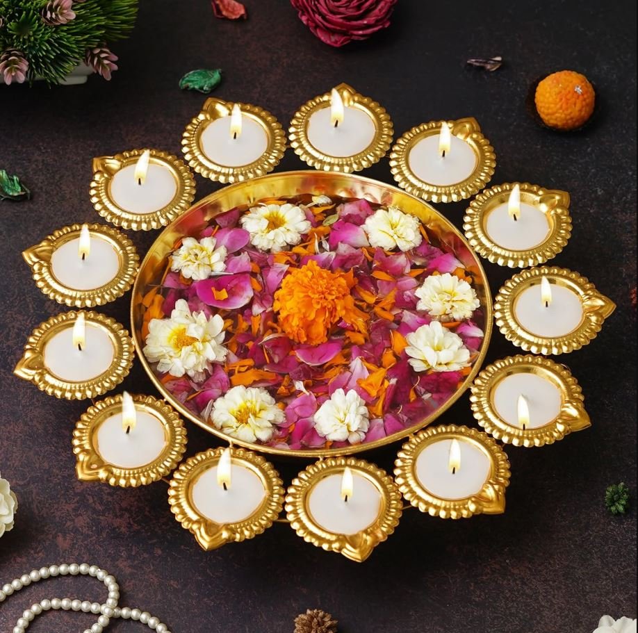 Decorative brass urli bowl with flowers for traditional home decor