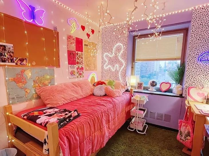 Decorative wall art creating a stylish dorm room aesthetic