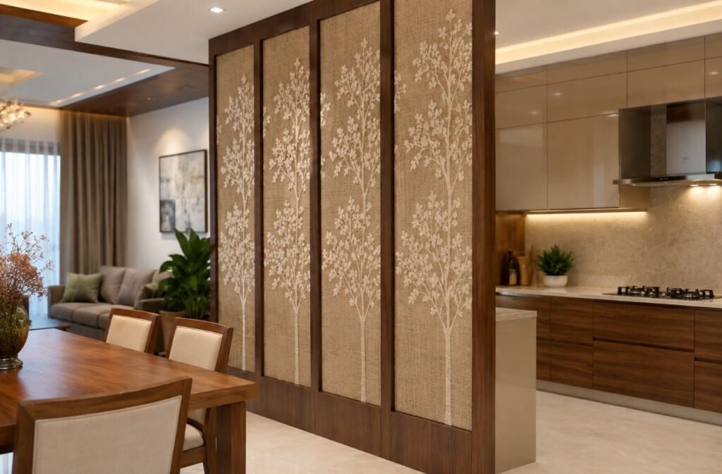 Fabric kitchen partition wall for living and dining area