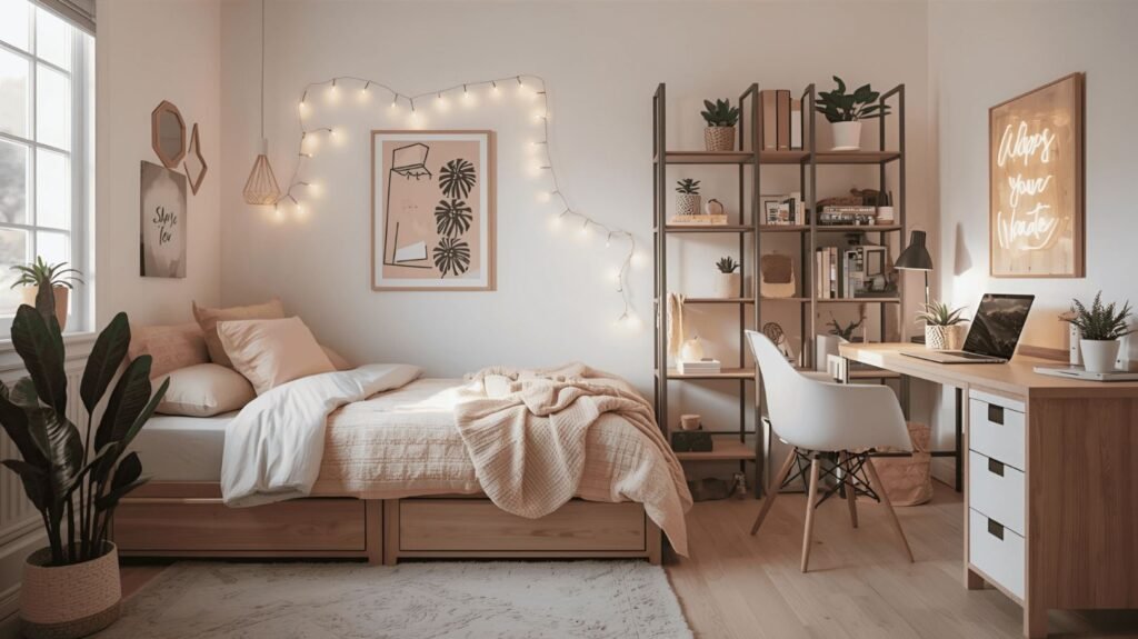 Cozy dorm room decorated with warm fairy lights