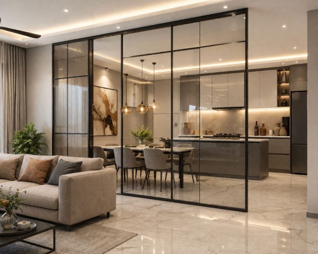 Glass panel kitchen partition between living and dining room