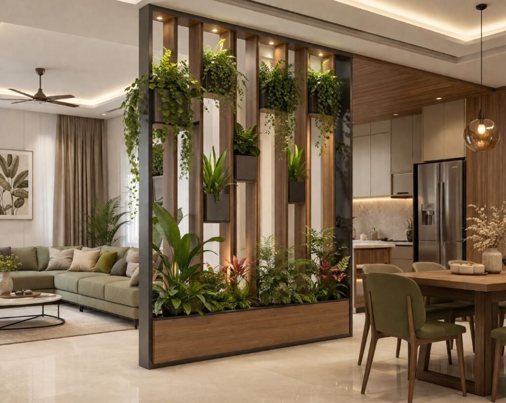 Nature-inspired green wall partition for kitchen and dining area