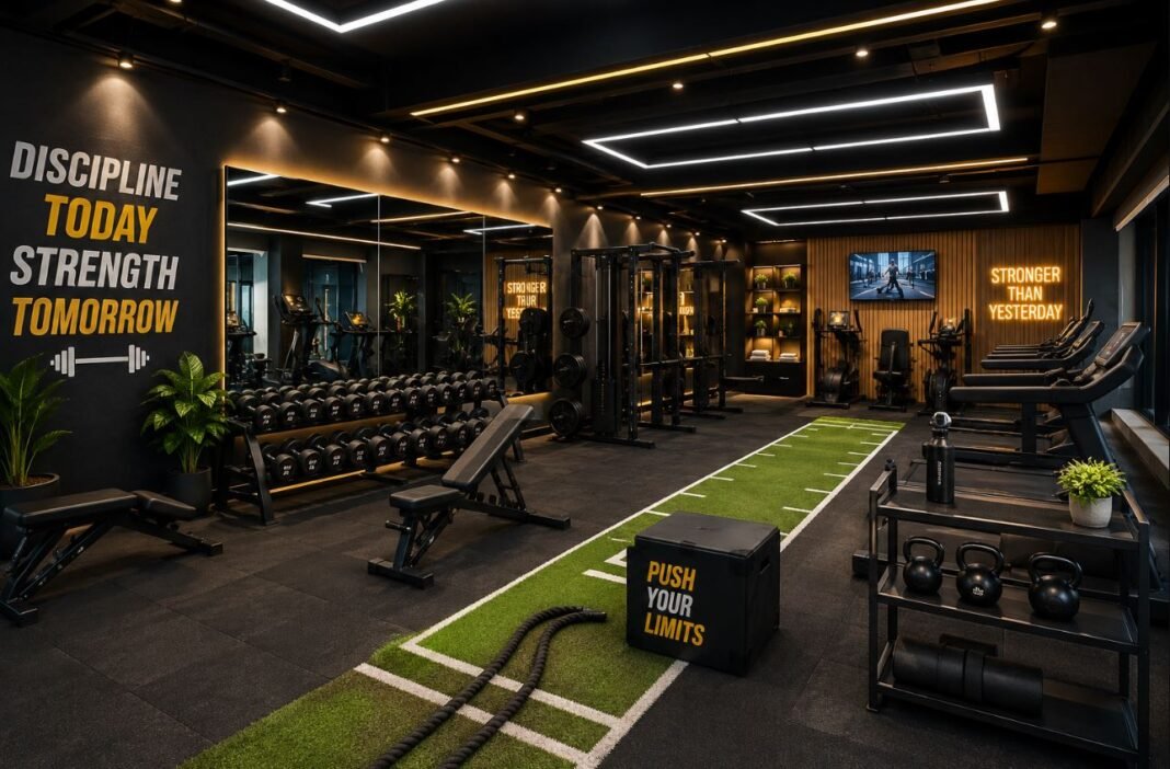 Modern gym decoration ideas with stylish decoration ideas, LED lighting, wall mirrors, rubber flooring, and organized workout equipment