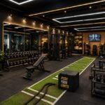 Modern gym decoration ideas with stylish decoration ideas, LED lighting, wall mirrors, rubber flooring, and organized workout equipment