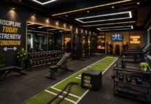 Gym Decoration Ideas to Transform Your Home Workout Space Modern gym decoration ideas with stylish decoration ideas, LED lighting, wall mirrors, rubber flooring, and organized workout equipment