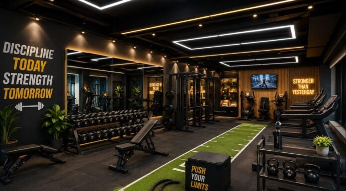 Gym Decoration Ideas to Transform Your Home Workout Space Modern gym decoration ideas with stylish decoration ideas, LED lighting, wall mirrors, rubber flooring, and organized workout equipment