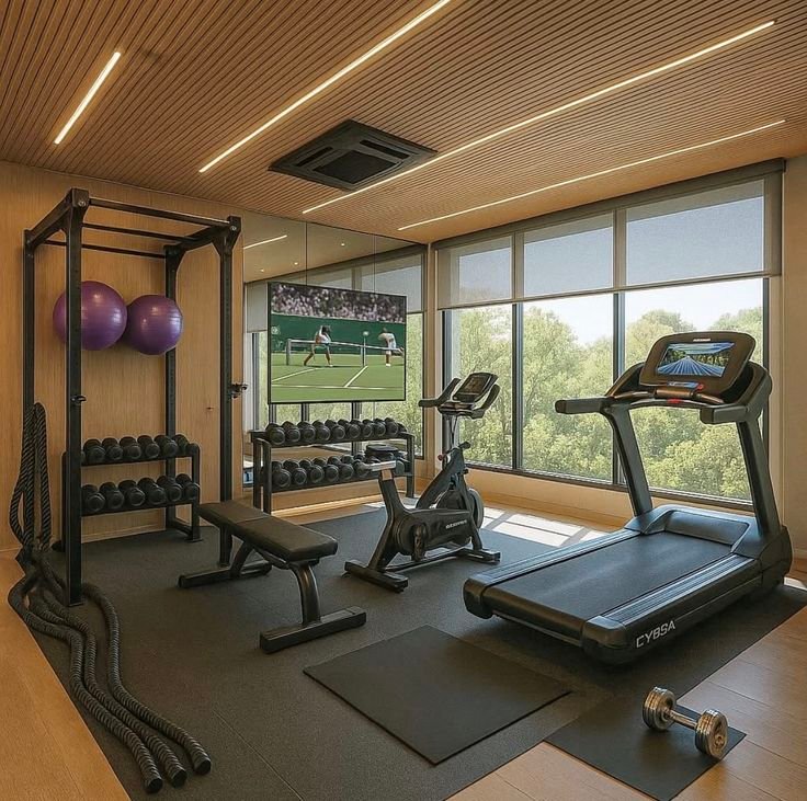 Organized gym storage with dumbbell racks and workout accessories
