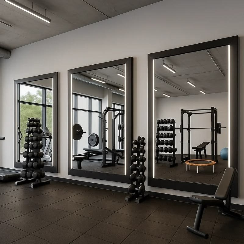 Large wall mirrors installed in a modern gym to create a spacious workout environment