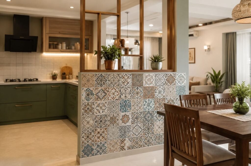 Half wall kitchen partition with decorative tiles