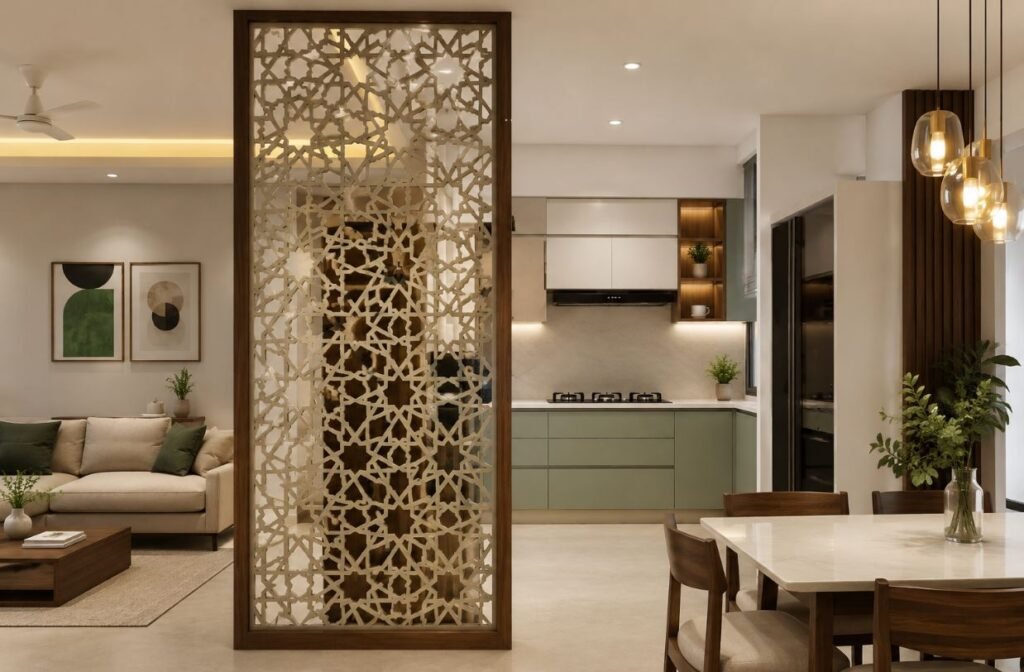 Traditional jali partition design between kitchen and dining room