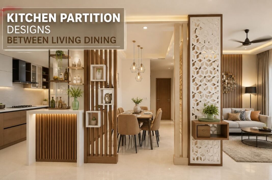 Modern kitchen partition designs between living dining areas