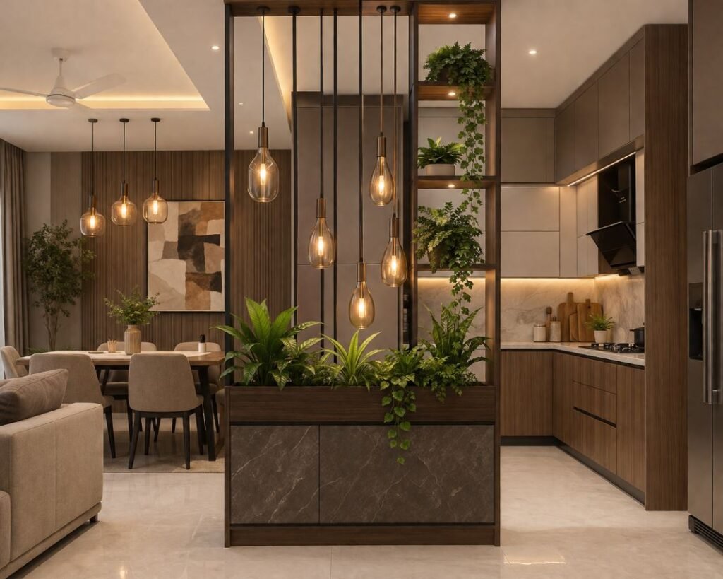 Kitchen partition with hanging lights and indoor planters