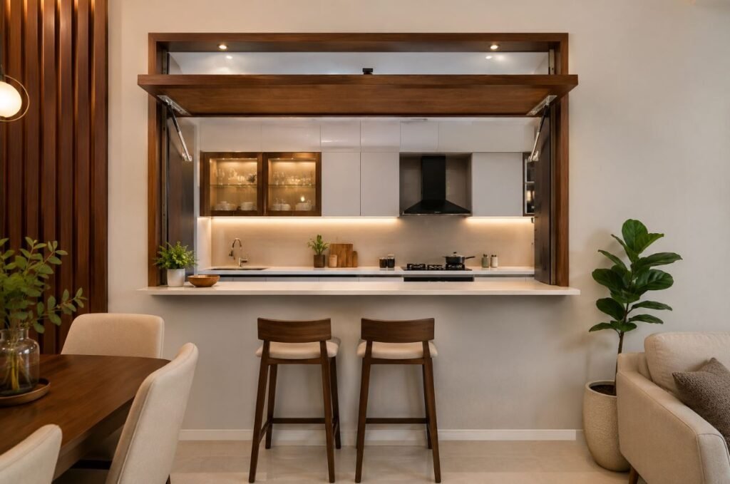 Modern kitchen serving window between kitchen and dining room