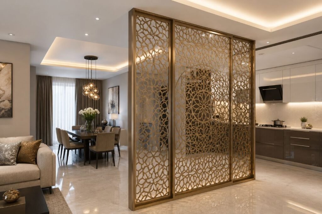 Decorative laser-cut metal kitchen partition design