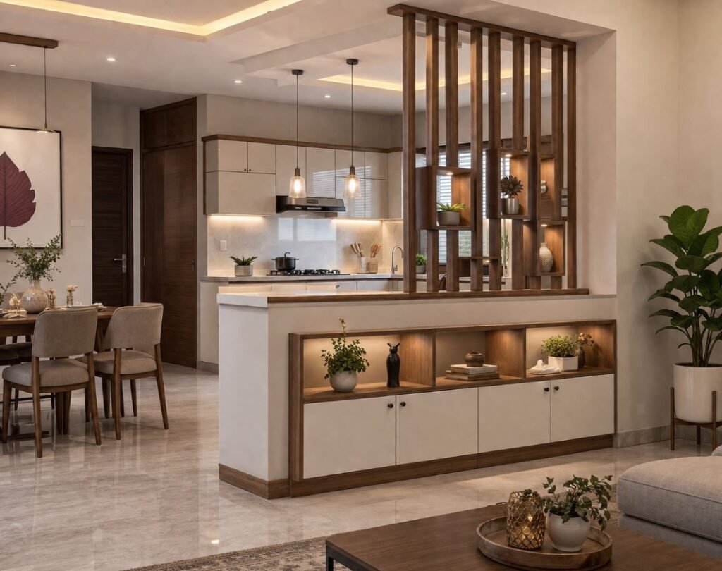 Low kitchen partition wall with built-in storage