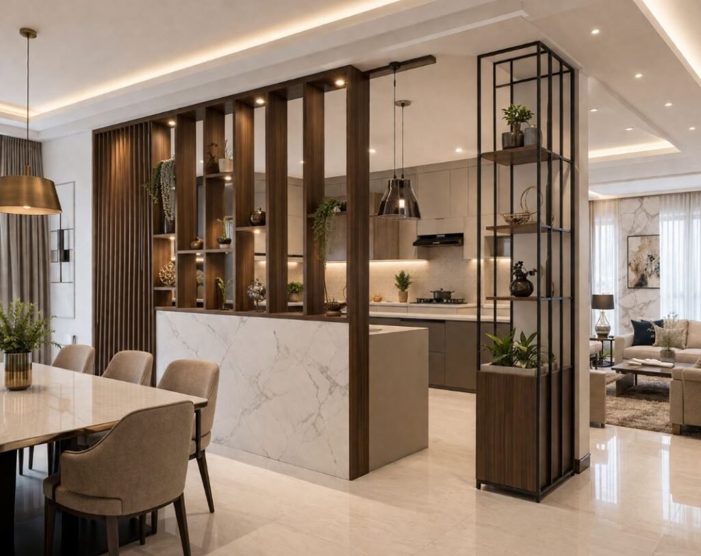 Modern open kitchen partition design for living and dining area