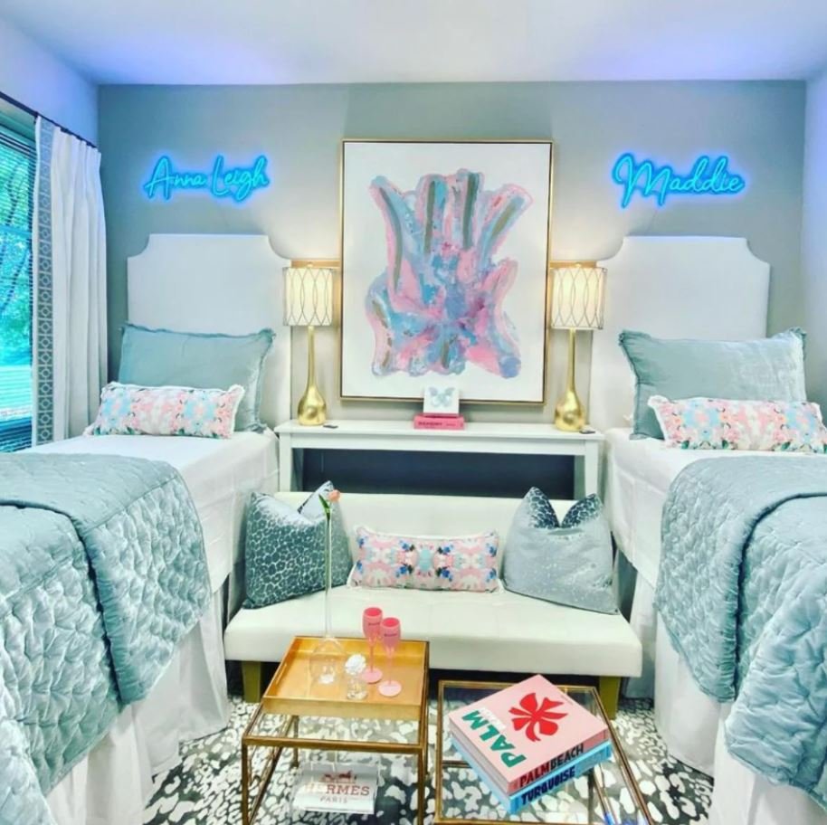 Personalized dorm room decor with books, keepsakes, and photos