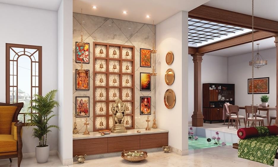 Traditional pooja corner decoration with wooden mandir and brass diyas