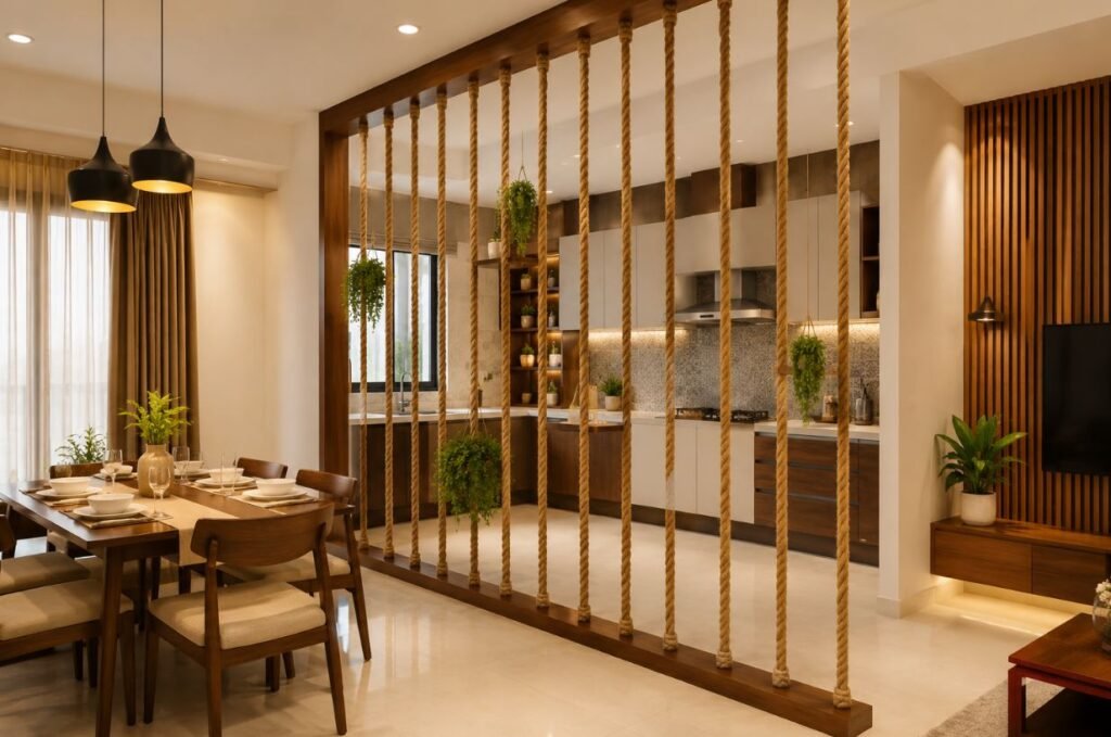 Decorative rope partition design between kitchen and dining room
