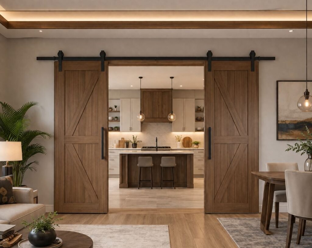 Sliding barn door kitchen partition for modern homes