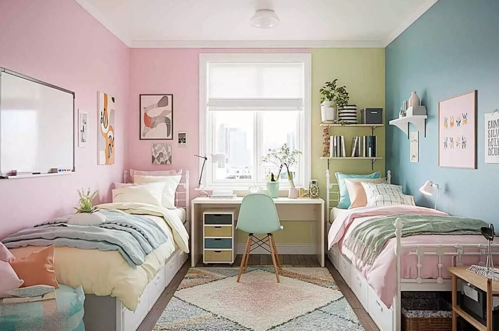 Soft pastel color palette in a stylish girls' dorm room