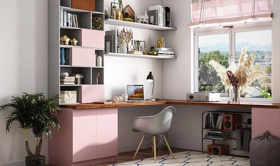 Organized study desk setup in a girls' dorm room