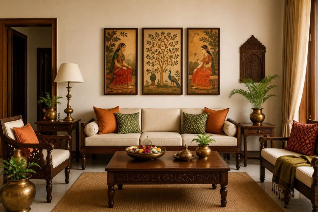 Traditional Indian home decor ideas featuring paintings, wooden furniture, brass decor, and ethnic accessories