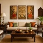 Traditional Indian home decor ideas featuring paintings, wooden furniture, brass decor, and ethnic accessories