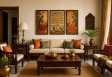 Traditional Indian Home Decor: 15 Classic Ideas for Stylish Interiors Traditional Indian home decor ideas featuring paintings, wooden furniture, brass decor, and ethnic accessories