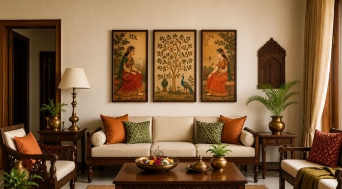Traditional Indian Home Decor: 15 Classic Ideas for Stylish Interiors Traditional Indian home decor ideas featuring paintings, wooden furniture, brass decor, and ethnic accessories