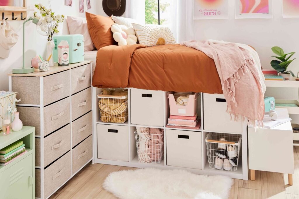 Under-bed storage bins for organizing a small dorm room