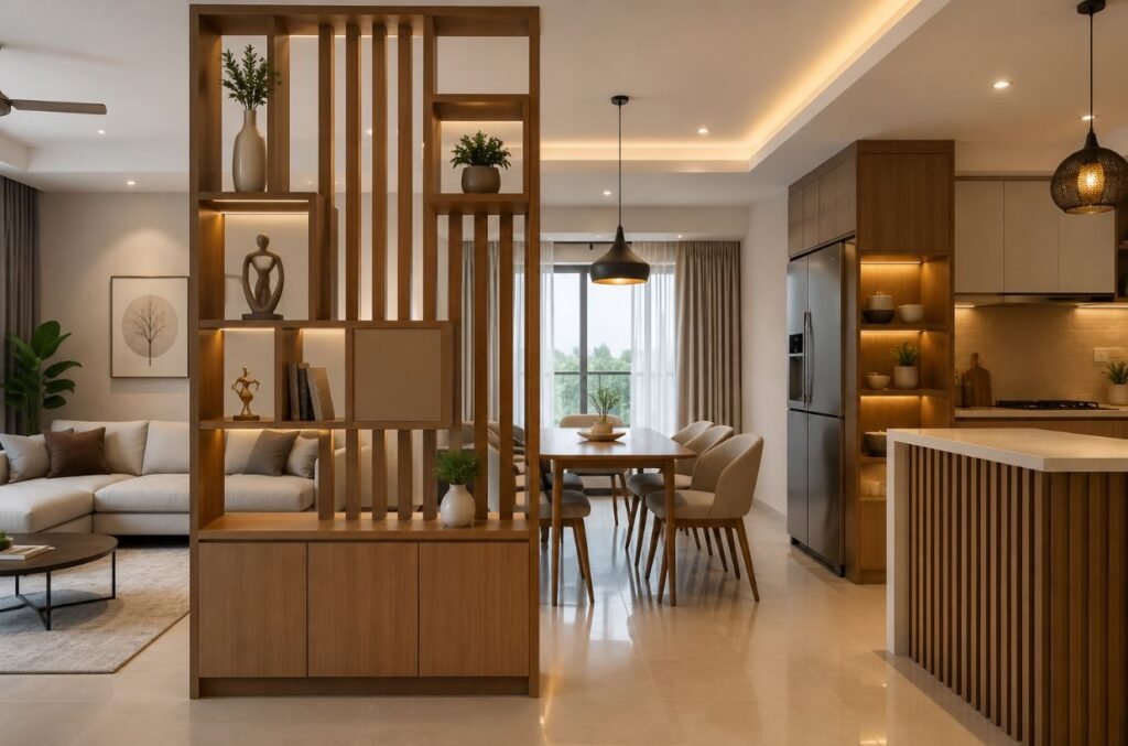 Wooden kitchen partition with storage shelves between living and dining