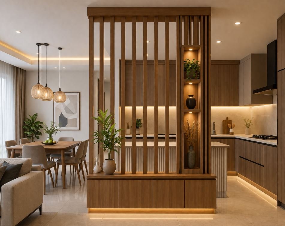 Wooden slat kitchen partition design for open living spaces